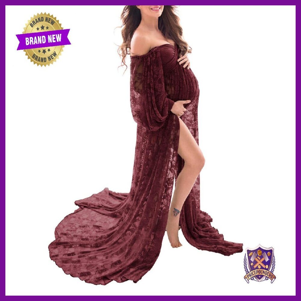Stretchy Lace Off Shoulder A-Line Maternity Maxi Dress Photoshoot Gown